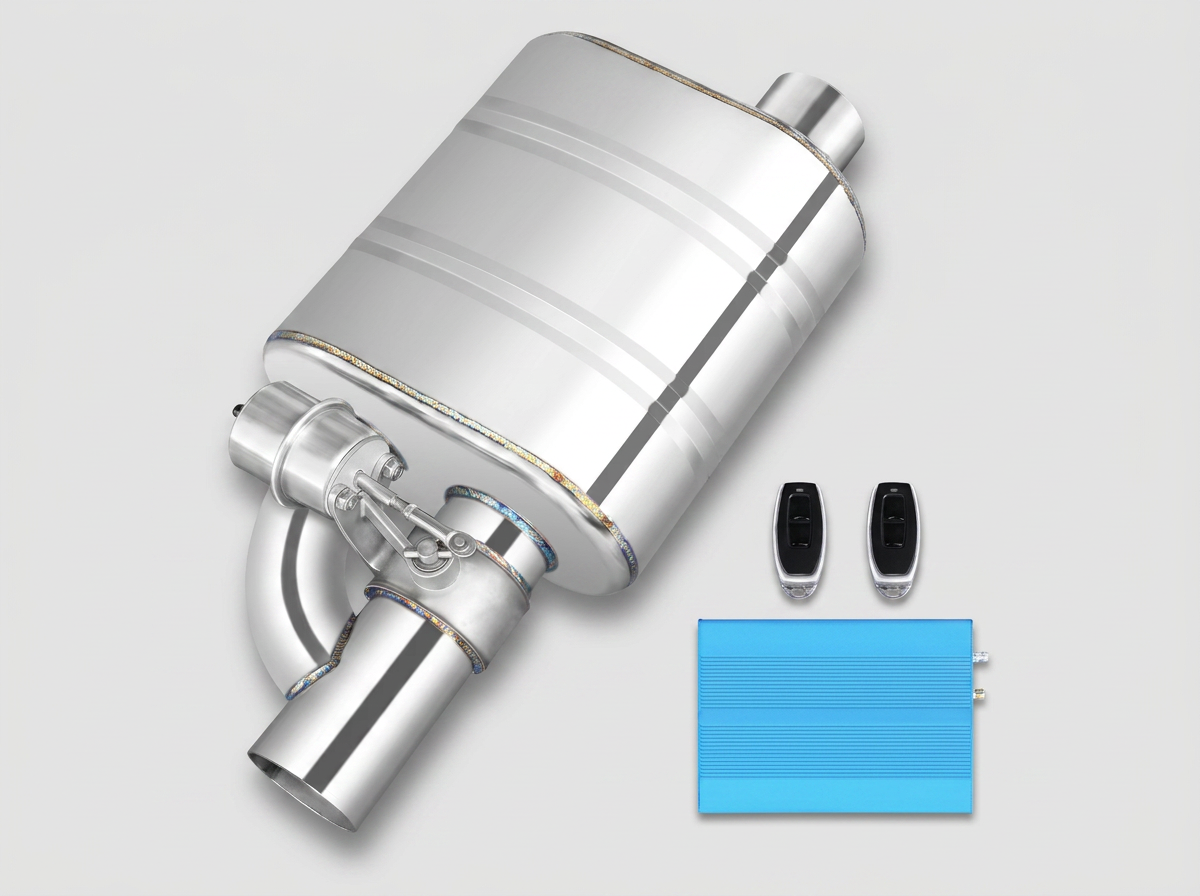 Polished stainless VLVX valved muffler with electronic actuator, control module, remotes and wiring kit